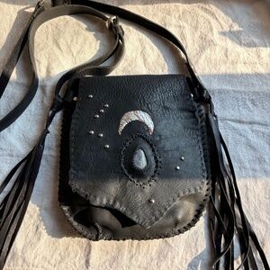 Black leather cross body bag/purse with natural kyanite stone, adjustable. NWT